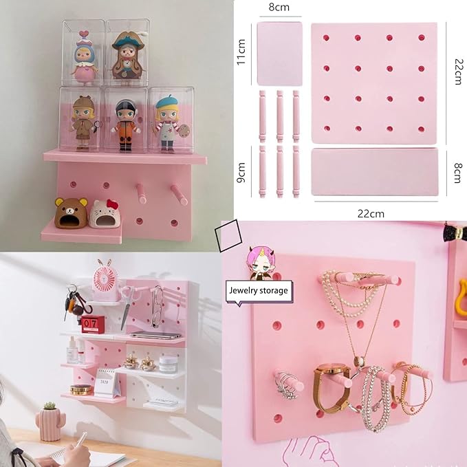 Kawaii Peg Board with Hook, Trinket Shelf for Bedroom, Cute Display Decor | 4 Pack Pegboard Ledges Organizer for Hanging Keychains, Decorative Wall Panel Kits for Blindboxes Lightweight Dolls, Pink