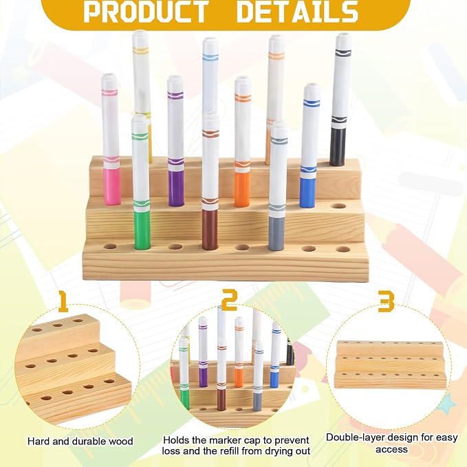 Cinnvoice Wooden Marker Stand Marker Pen Holder Storage Organizer for Classroom Display Stand Paint Brush Holder for Organization Storage Supplies (24 Holes)