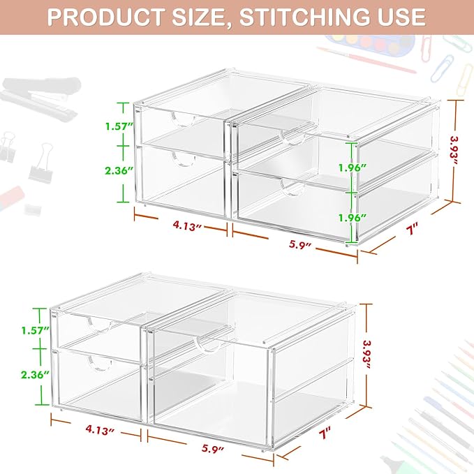 Acrylic 2-Pack 7-Drawer Makeup & Storage Organizer for Bath,Desk | Smooth-glide drawers, clear body, dustproof, wipe clean, for office supplies, pens, rings, earrings, tweezers, cotton swabs
