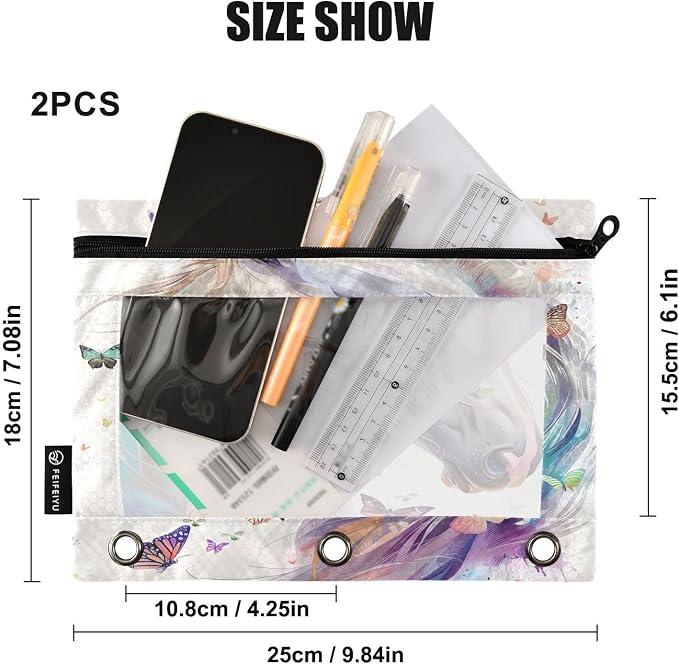 White Horse Butterflies Pencil Pouch for 3 Ring Binder, 2 Pack Waterproof Pencil Bags Clear Window Zipper School Office Supplies
