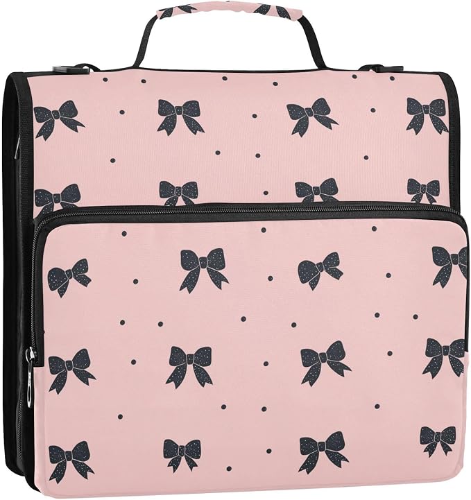 Black Bow Dot Pink Zipper Binder with Shoulder Strap Trapper Keeper 3 Ring Binder Organizer Large Capacity Multiple Compartments for School Office