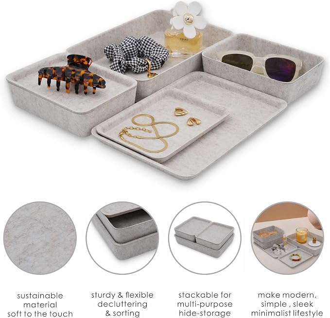 Oatmeal Lidded Felt Drawer Organizers 3pc Office Makeup Storage Box