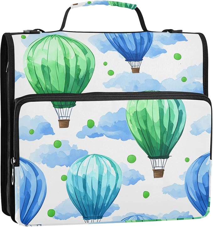 Hot Air Balloon Watercolor 3 Ring Zipper Binder Bag Binder Organizer with Handle Shoulder Strap for School Work Office Supplies
