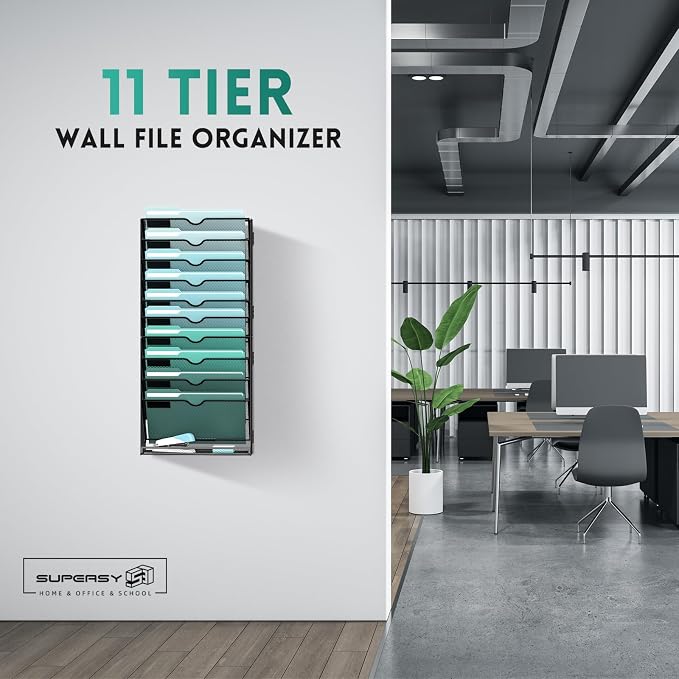 11-Tier Wall File Organizer, Hanging File Holder, Wall Mounted Mail Sorter | Metal Mesh Hanging File Organizer with Open Compartments and Label Panels for Papers and Folders at Home, Office or School