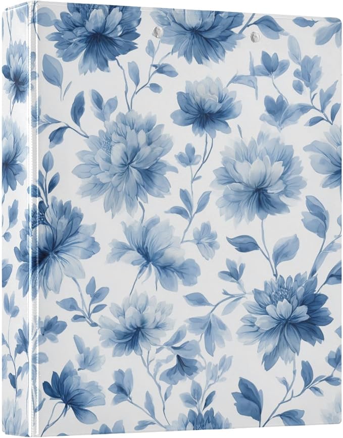 Blue Floral Round Ring Binder for Recipe Budge Storage Organizer, Printed D Ring 1.5 Inch Binders for Office Work School Aesthetic Binder with Clear Pocket Non-Slip Clip