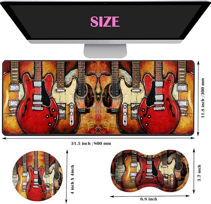 Extended Gaming Mouse Pad Desk Pad Keyboard Pad, Mouse Wrist Rest and Coaster, Anti-Slip Rubber Base Mouse Pad, Suitable for Gaming and Office, Guitar