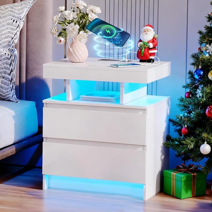 dnbss LED Nightstand with Charging Station, Smart Bedside Table, White | Modern Night Stand, Floating Desktop, 2 Drawers, 1 Compartment, Human Body Sensor, for Bedroom Living Room Office Storage