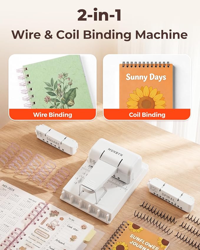 MUNBYN Multi Binding Machine with 2 Detachable Heads(Round & Square), White | DIY Small Book Binder for Notebooks, Calendars, Albums, Journals at Home, School, Office