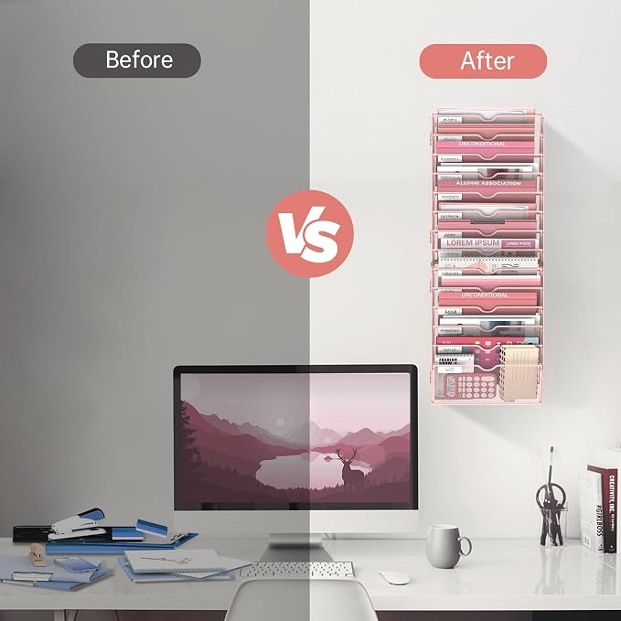 14-Tier Wall File Organizer and Hanging File Organizer, Pink | Wall Organizer and Wall Mounted File Holder with 14 Pockets and Label Panels for Files, Mail, Folders, Magazines and Paper