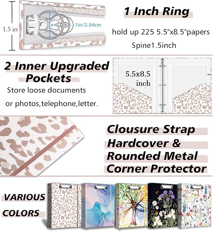 Mini 3 Ring Binder 1 Inch for 5.5"x8.5" Paper, Cute Small Three Ring Binders with Clipboard,5-Tab Dividers, Interior Pocket, Spine ID Label Holder, BVSSX A5 Binder with Pen Holder,Leopard