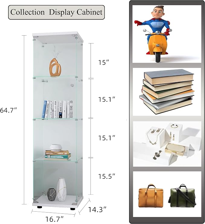 Frameless Glass Display Cabinet, Curio Cabinet Display Case with Lock and Glass Door, Quick-Install Floor Standing Showcase Display Shelf for Collectibles, Legos, Figures, Plants