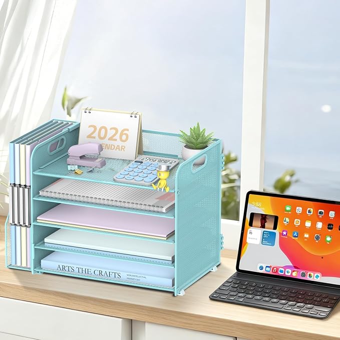 5-Tier Desk Organizer with File Holder, Paper Organizer for Desk, Blue | 5 Letter Trays and Vertical File Holder with Metal Mesh Frame for Papers Folders Books and Mail in Office Home or School