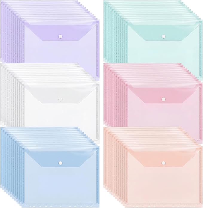 Handepo 200 Pack Binder Pockets Bulk, Plastic Binder Folders with Tight Closure Side Loading, Assorted Colors Transparent Folders Dividers with Pockets for Document Paper Home Office Supplies