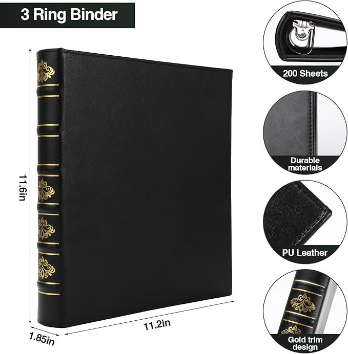 LETVPVOW 2 Pcs Vintage Hardback 3 Ring Binder 1 Inch, Professional Leather Binder 3 Ring, Three Ring Binders Fits 8.5 x 11, D Ring Binders for Home, School and Office- (1 Black and 1 Dark Green)