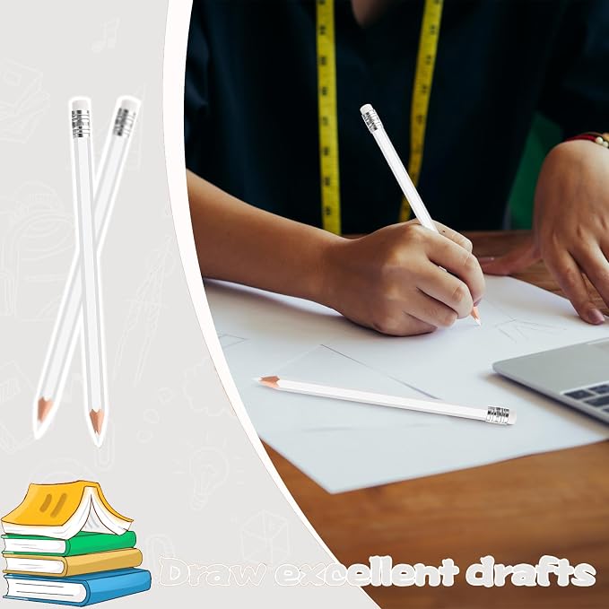 12 PCS White Colored Pencils with Eraser Pre Sharpened Pencil 2 HB - Ideal for Checking, Grading, Tests & Office/School Supplies (White)