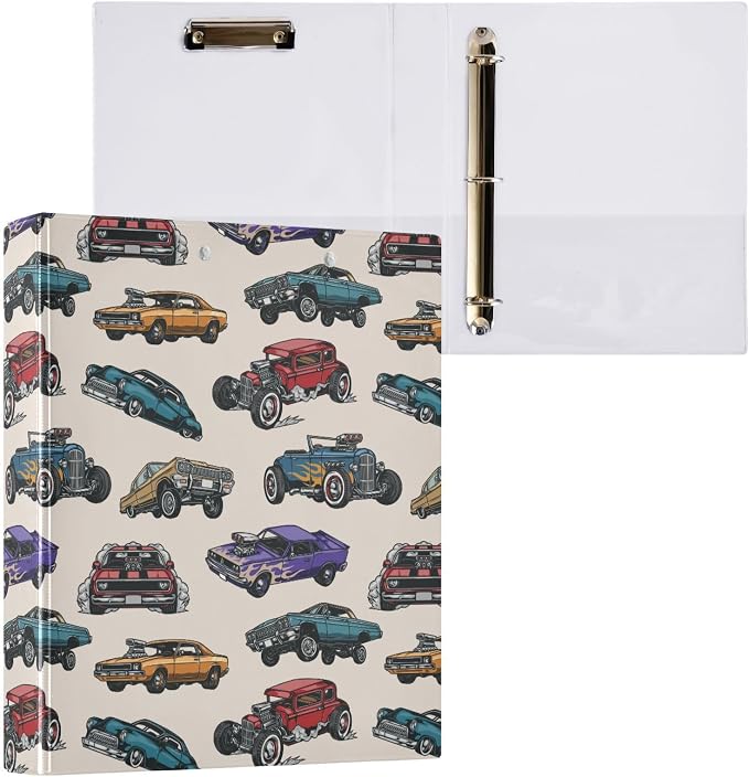 Retro Old Car Pattern Binder 1.5 Inch Binder with Clipboard&Pockets, Vinatge Fire Cars Hardcover Binders 3 Ring, Heavy Duty Large File Folder for Office School Supplies - Holds 200 Sheets