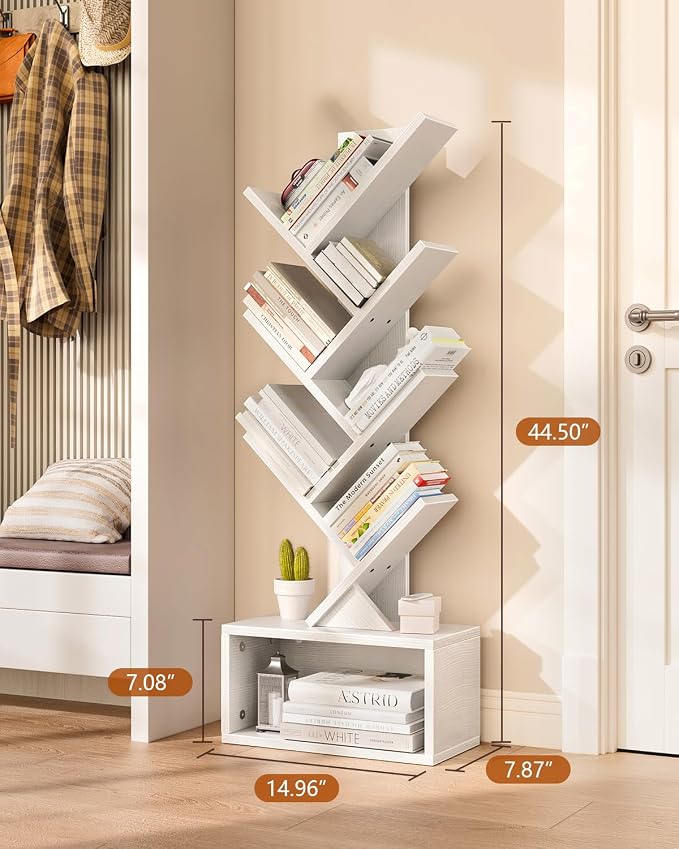 Evermagin 6 Tier Tree Bookshelf with Lights, LED Book Tree Bookcase | White with Storage Organizer, Small Corner Bookshelf Floor Standing Book Shelf for Living Room, Bedroom & Home Office