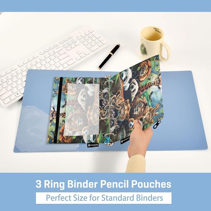 Animals Pencil Pouch for 3 Ring Binder, 2 Pack Waterproof Pencil Bags Clear Window Pencil Case Zipper School Office Supplies