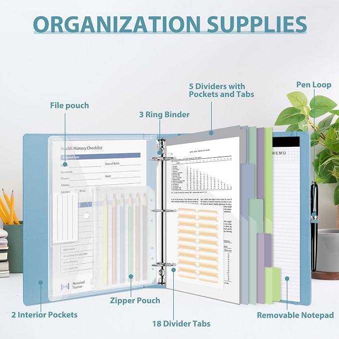 3 Ring Binder with Clipboard,2 Inch Binders with Notepad&5 Dividers with Pockets, Labels,PU Clipboards for School Office(Blue,Letter Size)