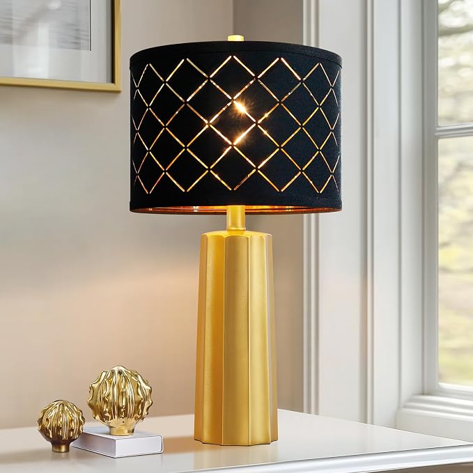 24" Modern Table Lamp for Living Room Bedroom Black Grid Shade | Gold Nightstand Resin Lamps Contemporary Desk Lamps for Bedside End Tables, 2 Bulbs Included (Gold)