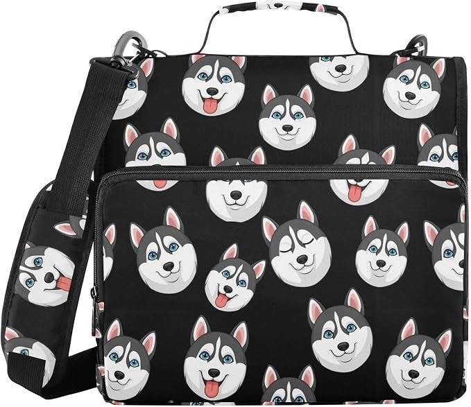 Cartoon Husky Dark Print Zipper Binder Bag 3 Ring with Shoulder Strap & Handle Multi Pocket Binder Organizer Bag Large Capacity for School Office Supplies