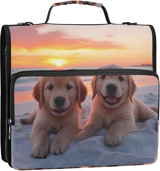 Golden Retriever Puppy Dogs 3 Ring Binder Bag 1.5 inch Binder Organizer with Zipper Shoulder Strap 500 Sheet Documents Storage for School Office