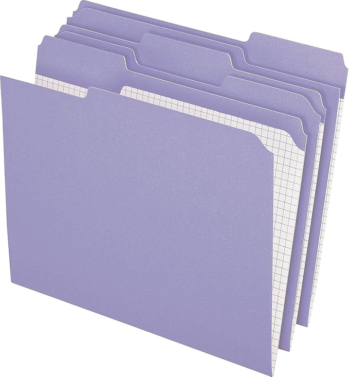 Pendaflex Colored File Folders, Letter Size, 1/3 Cut Tab, Lavender | Reverse any folder and the printed interior grid becomes a writing panel. Reinforced tabs, 100 per box, made in the USA.
