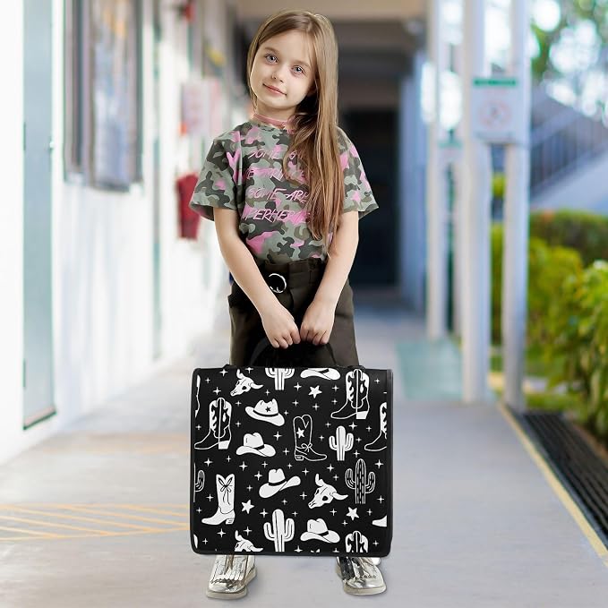 Western Cowboy Black Print Zipper Binder Bag 3 Ring with Shoulder Strap & Handle Multi Pocket Binder Organizer Bag Large Capacity for School Office Supplies