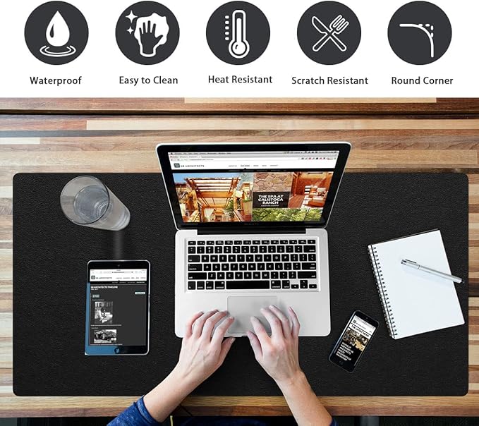 Desk Protector - Non-Slip PVC Leather Office Mat for Desktop - Waterproof Writing Pad (Black, 14" x 30")