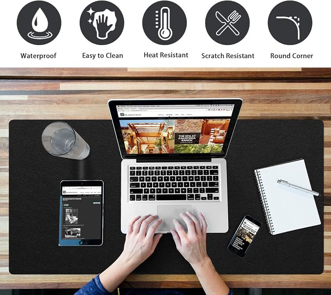 Extra Large Leather Desk Pad with Suede Base Office Mat for Home - Waterproof, Non-Slip, PVC - Black, 24" x 36"