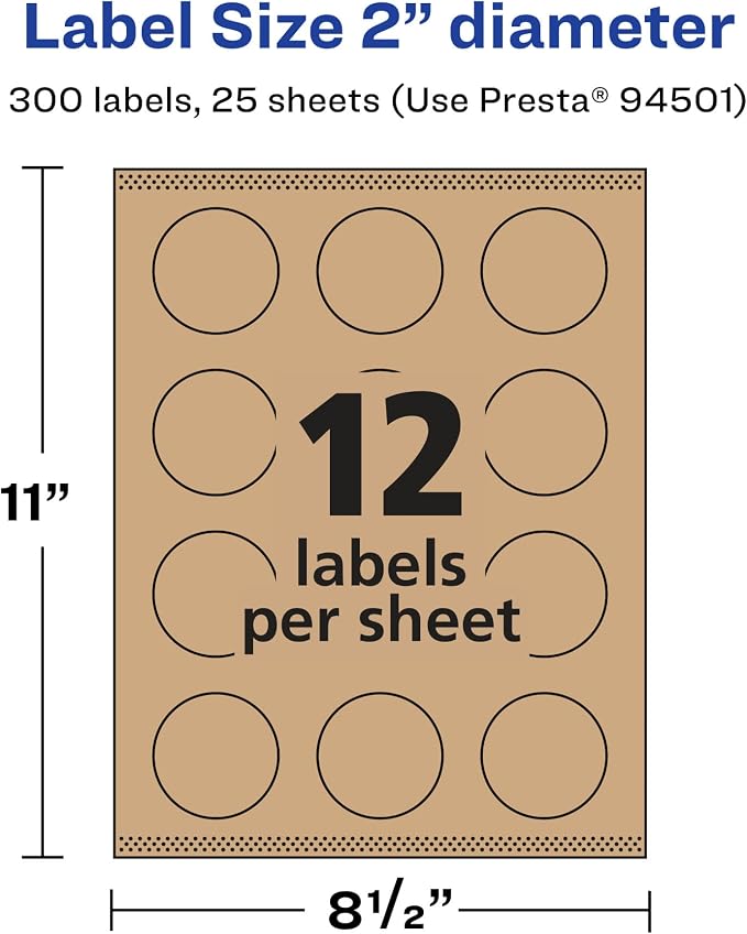 Avery® Kraft Brown Round Labels, Sure Feed® Technology, 2" Diameter, 300 Kraft Brown Labels, Print-to-The-Edge, Laser/Inkjet Printable