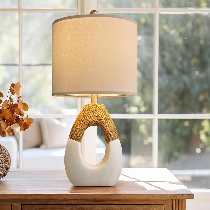 19'' Small Boho Table Lamps for Bedroom Set of 2, Farmhouse Rattan Bedroom Lamps for Living Room Rustic Home Decor, Nightstand Bedside Lamps for Sofa Table Entry Way, Suitable for Small Places
