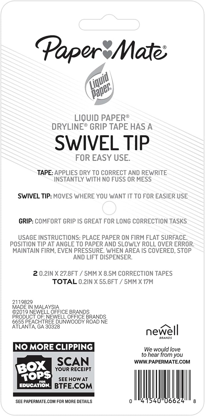 Paper Mate Paper Mate Liquid Paper DryLine Grip Correction White Tape, 2 Count