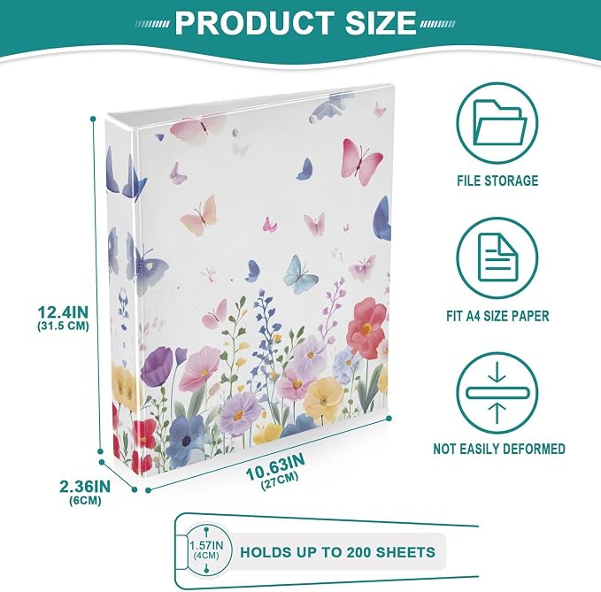3 Ring Binder Butterfly Blossom Spring Flowers 1.5" Round Ring Binders View Binder with 200 Sheet for Kids School Supplies Women Men Office, 1 Pack