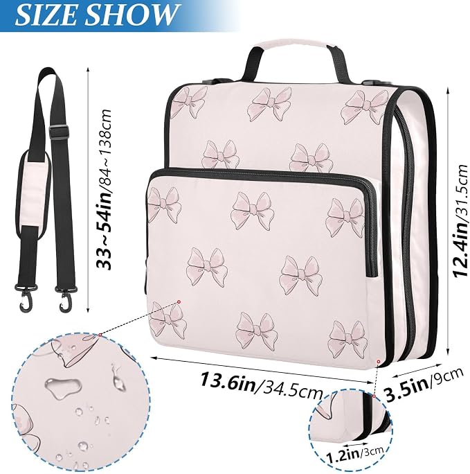 Cute Beautiful Pink Bows Zipper Binder with Shoulder Strap Bag 3 Ring Binder Organizer Large Capacity Multiple Compartments for School Office