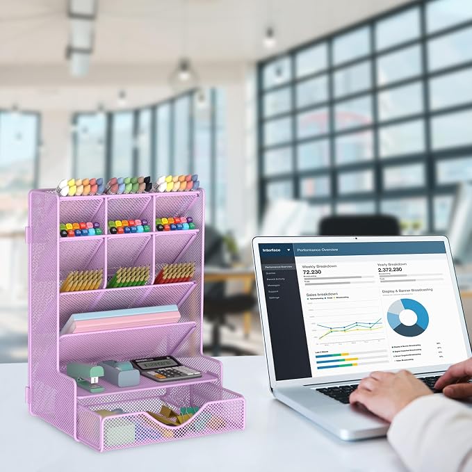 BOHDK Pen Organizer for Desk, Multi-Functional Desk Organizer, Wall Mount Pen Holder with Drawer for School, Office, Home, Art Supplies, Purple