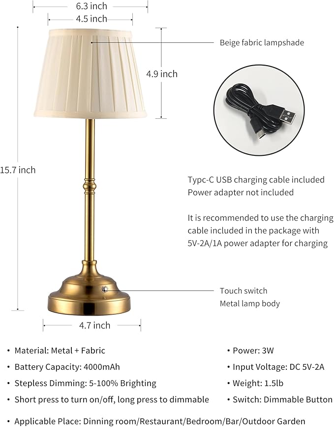 KDG Gold Cordless Portable LED Table Lamp, Beige Fabric Shade Desk Lamp | 4000mAh Rechargeable Battery Powered Lighting, Dimmable Light for Dining Room, Bedroom, Bedside, Night Light, Balcony
