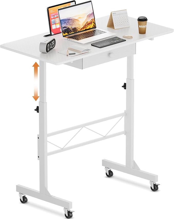 COMHOMA Standing Desk Adjustable Height & Tiltable Tabletop, Portable Stand Up Desk for Laptop, Mobile Folding Desk for Home Office Work and Walking Pad Treadmill, Height 30.7"-46.4", White