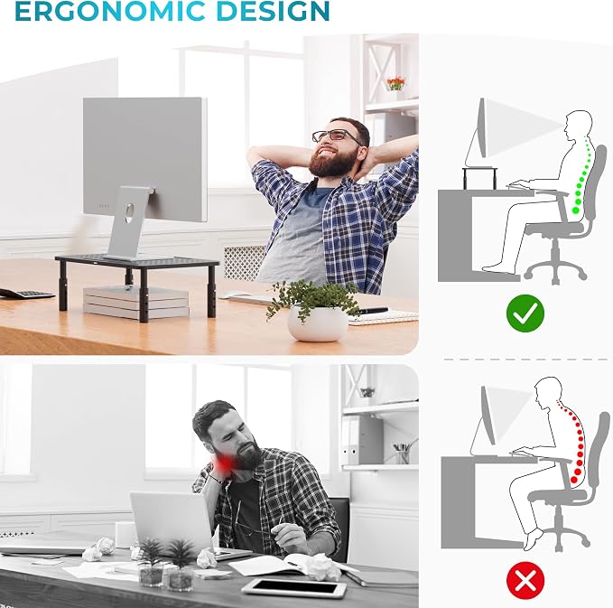 BONTEC Monitor Stand for Desk 2 Pack, Ergonomic Metal Monitor Riser | 3-Level Height Adjustable, 14.5 x 9.1 in Computer Stand with Pen Holder & Cable Management for Laptop and Office Workstation
