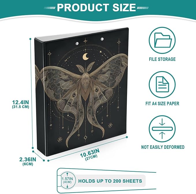 Mystical Goth Moths 3 Round Ring Binders | 1.5 Inch Binder with Clipboard, PVC Pockets, Work Organizer, Holds 200 Sheets for School Office 1 Pack