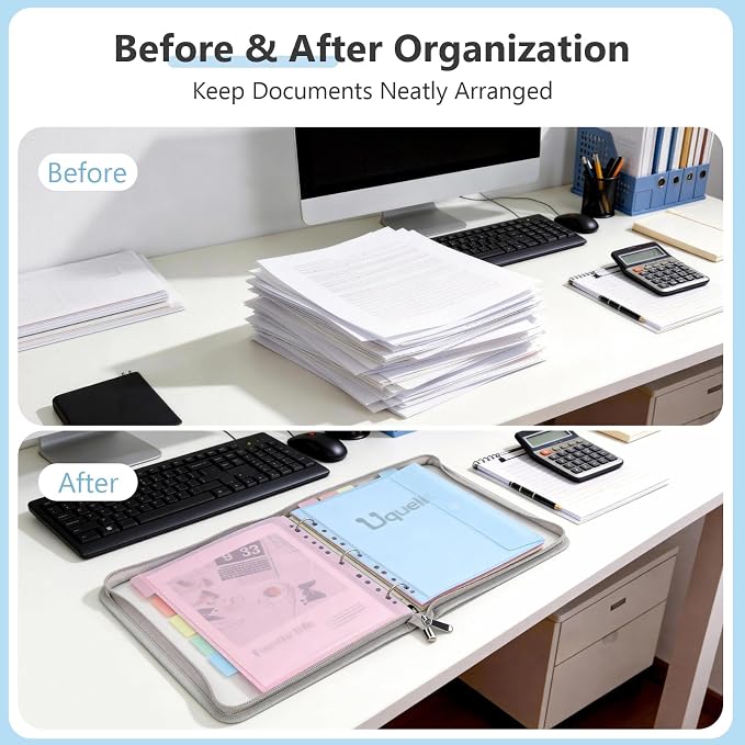 Uquelic Clear Zipper Binder with 12 Colorful Letter/A4 Pockets | 3 Ring Document Organizer with Dividers - Durable PP Cover, Large Capacity Cute Folder for School, Office & Home