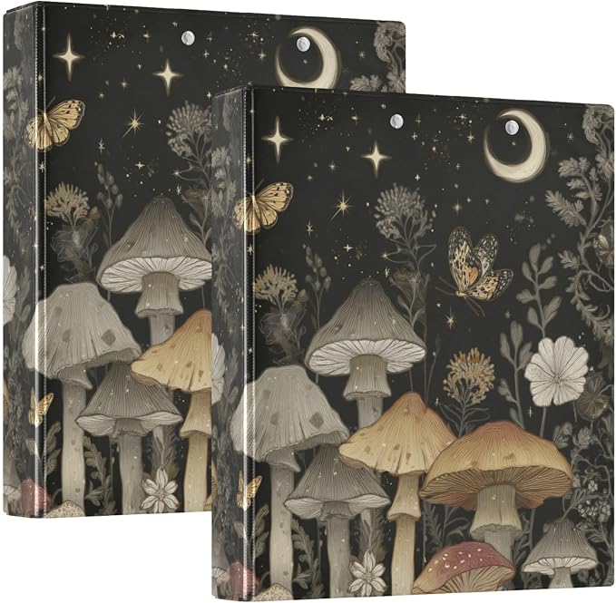Mystical Mushrooms and Butterflies Binder 3 Ring 1.5 Inch Binder with Clipboard&Pockets, Hardcover Binders Heavy Duty Large File Folder for Office School Supplies - Holds 200 Sheets, 2 PC