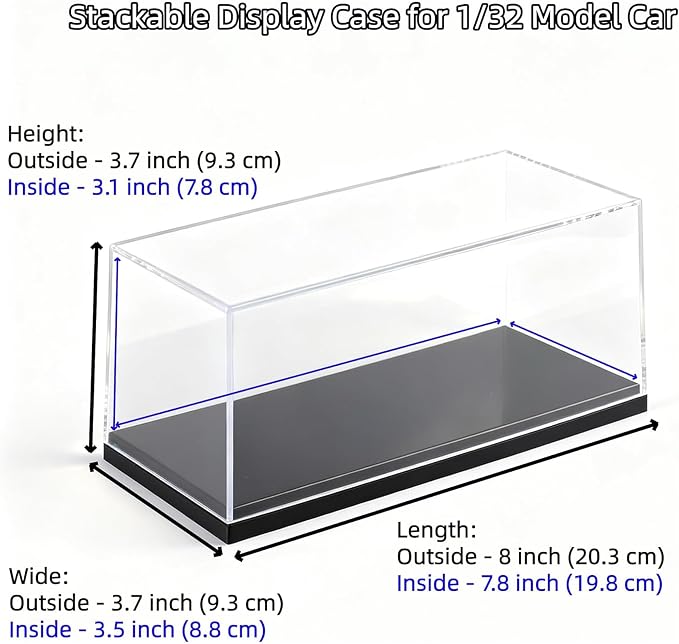 Model Car Display Case for 1:32 Scale Diecast Cars, Clear Acrylic Stackable Showcase Box for Toys & Memorabilia, Dustproof Collector Storage with Black Base, 8 x 3.7 x 3.7 Inch