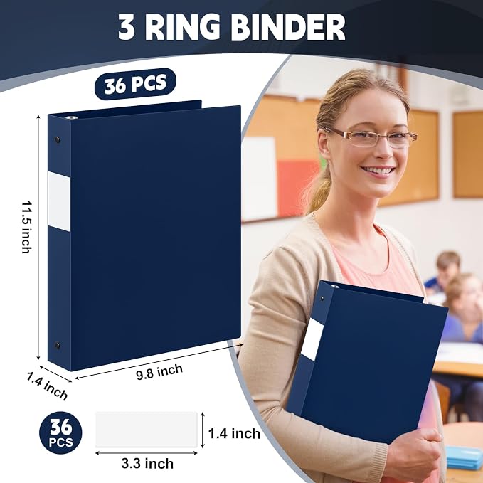 Henoyso 36 Pack 1 Inch 3 Ring Plastic Binders, Bulk Flexible PP Binders for Classroom & School Supplies, Letter Size 8.5 x 11, Holds 240 Sheets with Interior Pocket (Navy Blue)