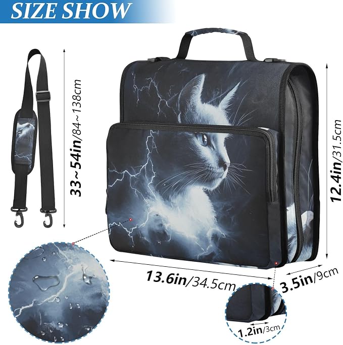 Storm Thunder Cat 3 Ring Zipper Binder with Handle 1.5 inch Binder Organizer Bag, Multi Pockets Office File Folder Bag with Shoulder Strap 500 Sheet Capacity