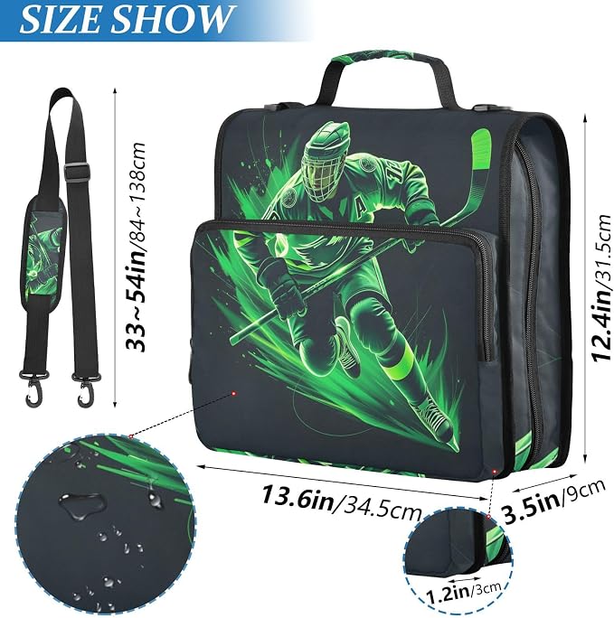 3 D-Ring Zipper Binder Bag, Green Hockey Player Sport Removable Binder with Zipper Case Hold 300+ Sheets& 13 Inch Laptop for School Office Supplies Organizer