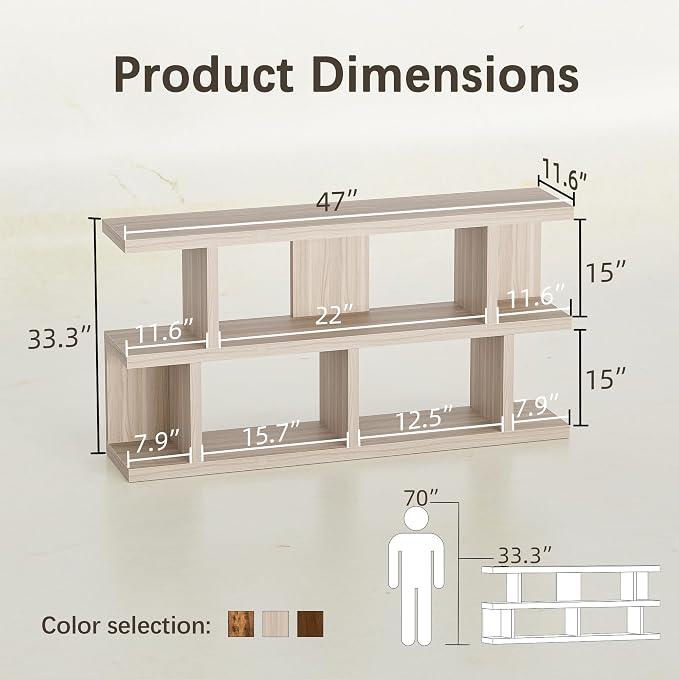 TIQLAB 47" Book Shelf Horizontal, Open Bookcase with Storage, Light Walnut | horizontal bookshelf with 3 open storage shelves, for bedroom office or living room, low bookcase, display rack shelving unit