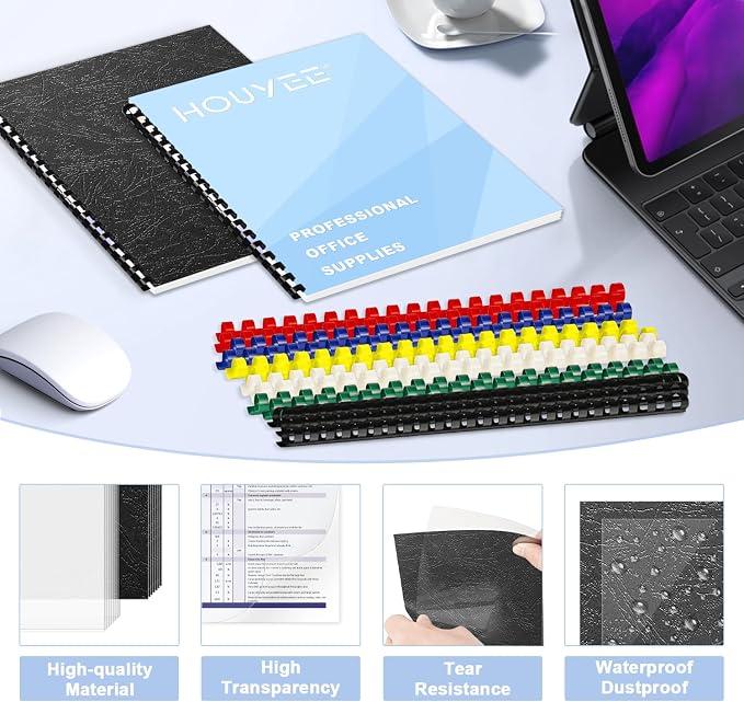 HOUYEE Binding Covers and Combs Set, 8.5x11 Inches, Including 50 Pcs Leather Texture Paper Binding Covers, 50 Pcs 8 Mil Clear PVC Sheets and 20 Pcs Assorted Combs | 50Pcs 8Mil Clear Binding Covers, 50Pcs 10Mil Black Leather Texture Paper Backs, 20Pcs 3...