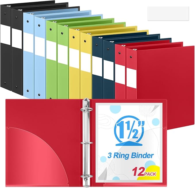 Henoyso 12 Pcs 1.5" 3 Ring Binders, Colored Binders, Multicolored | Flexible Soft Binders, for Office School Business, Fits Letter Size 8.5'' x 11'' Paper, Holds 100 Sheets with 2 Pockets