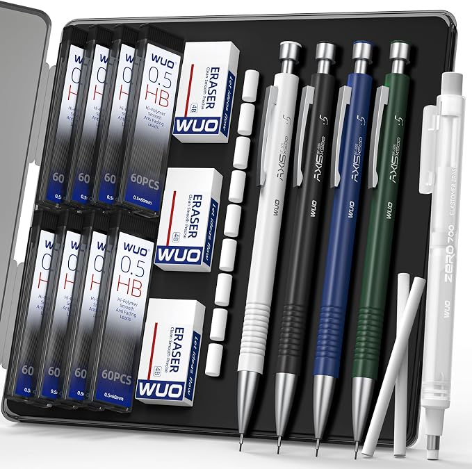 WUO 0.5 mm Mechanical Pencils with Eraser Pen Storage Case, 4 PCS